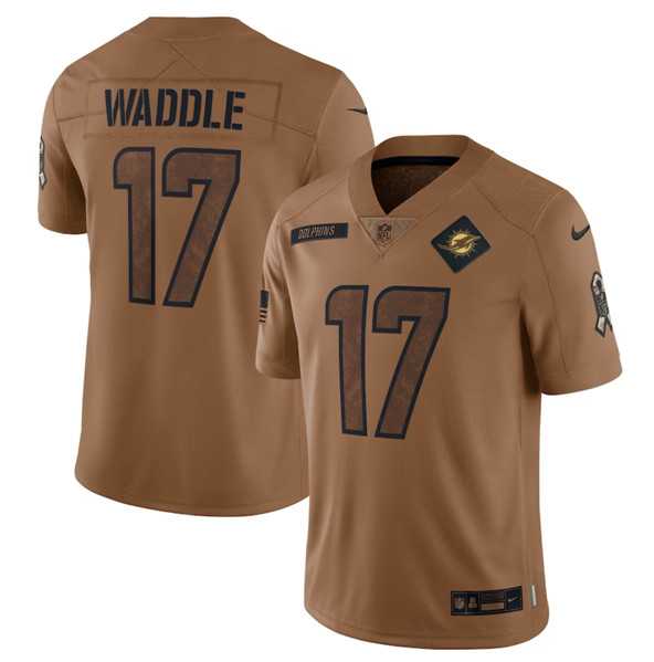 Mens Miami Dolphins #17 Jaylen Waddle 2023 Brown Salute To Service Limited Football Stitched Jersey Dyin->miami dolphins->NFL Jersey